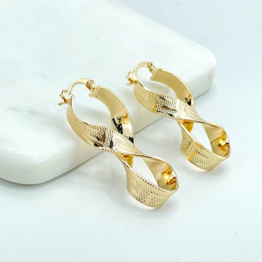 Earrings Texturized Infinity Shape Greek Key Pattern. 18k Gold Filled  590