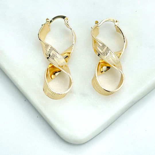 Earrings Texturized Infinity Shape Greek Key Pattern. 18k Gold Filled  590