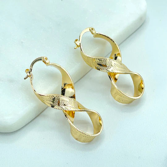 Earrings Texturized Infinity Shape Greek Key Pattern. 18k Gold Filled  590