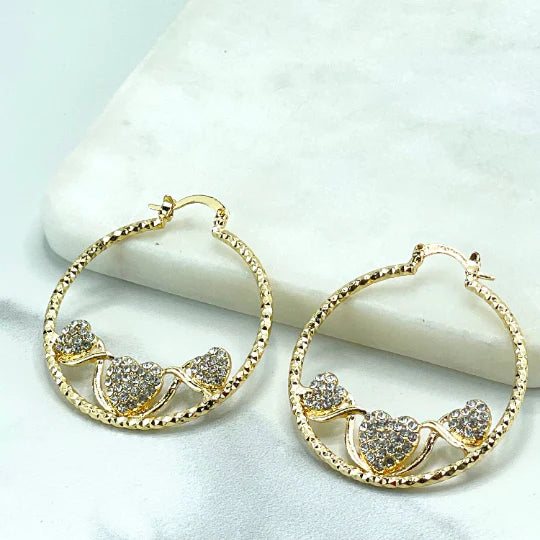 Earrings Hoop Texturized with 3 Clear Cubic Zirconia Hearts Detail 18k Gold Filled 490