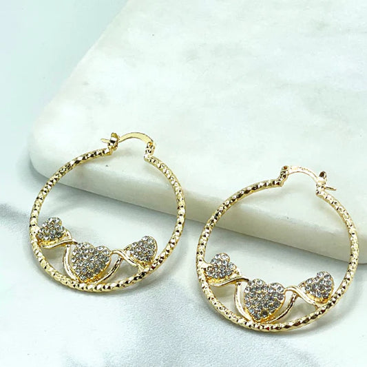 Earrings Hoop Texturized with 3 Clear Cubic Zirconia Hearts Detail 18k Gold Filled 490