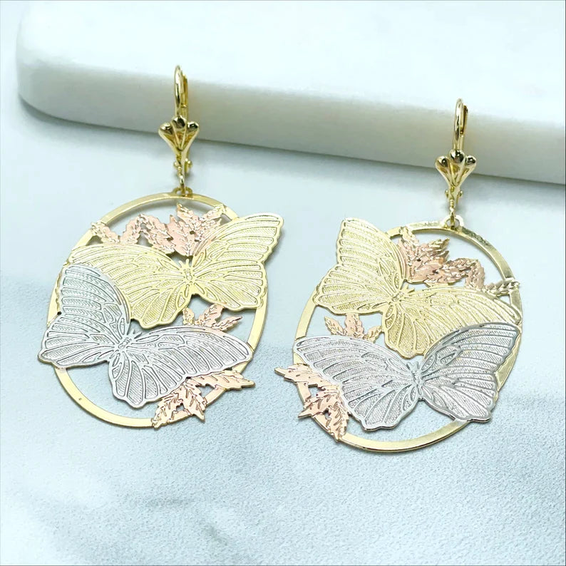 Earrings Butterfly Shape Cutie Vintage. 3 Tone, Yellow Gold, White Gold, Rose Gold. 18k Gold Filled