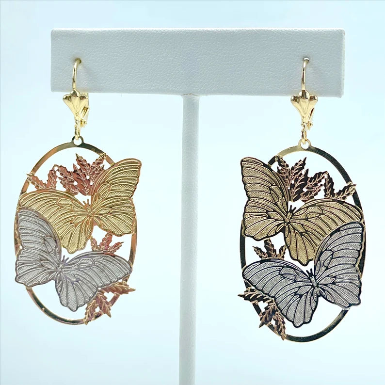 Earrings Butterfly Shape Cutie Vintage. 3 Tone, Yellow Gold, White Gold, Rose Gold. 18k Gold Filled