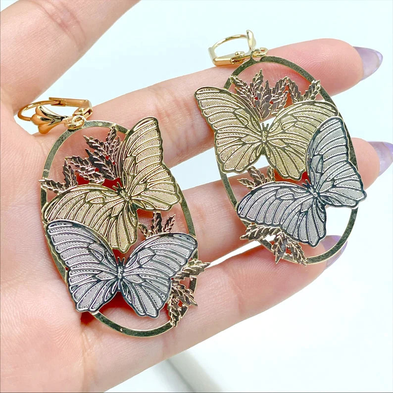 Earrings Butterfly Shape Cutie Vintage. 3 Tone, Yellow Gold, White Gold, Rose Gold. 18k Gold Filled