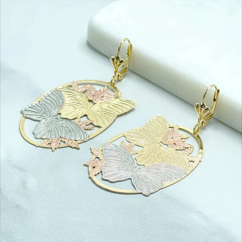 Earrings Butterfly Shape Cutie Vintage. 3 Tone, Yellow Gold, White Gold, Rose Gold. 18k Gold Filled