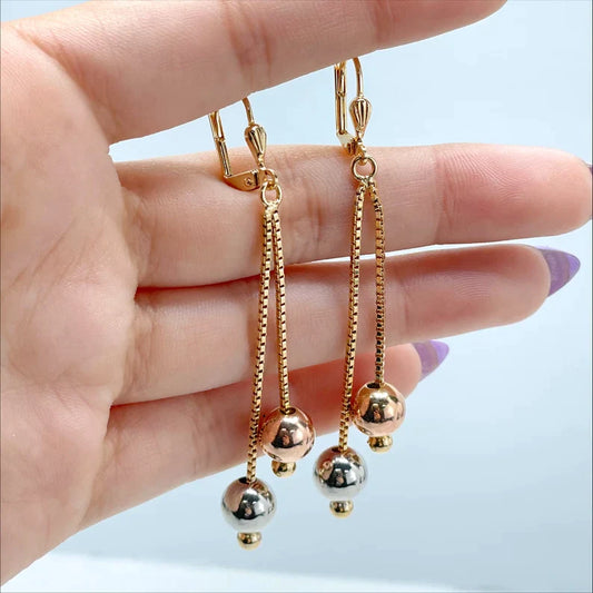 Earrings or 30 inches Necklace with 1.2mm Box Chain Three Tone Adjustable Two Tone Balls 18k Gold Filled