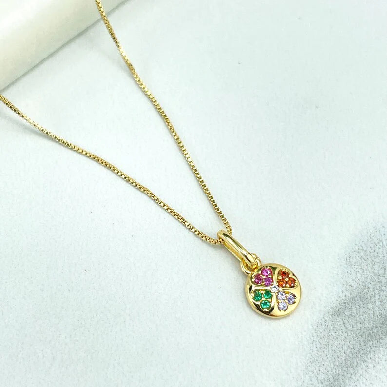 Chain and Pendant Set. Box Chain with Clover Shape Charm Colorful Cubic Zirconia 18k Gold Filled. Bundle and Save. FREE SHIPPING on orders of $100 and over.  Sam's Jewelry World USA.