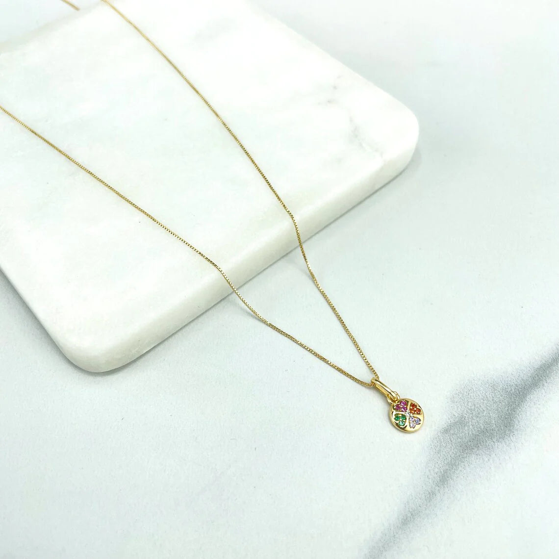 Chain and Pendant Set. Box Chain with Clover Shape Charm Colorful Cubic Zirconia 18k Gold Filled. Bundle and Save. FREE SHIPPING on orders of $100 and over.  Sam's Jewelry World USA.