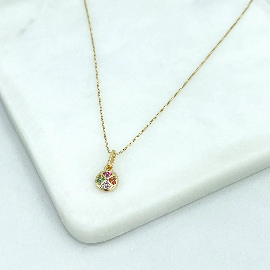 Chain and Pendant Set. Box Chain with Clover Shape Charm Colorful Cubic Zirconia 18k Gold Filled. Bundle and Save. FREE SHIPPING on orders of $100 and over.  Sam's Jewelry World USA.