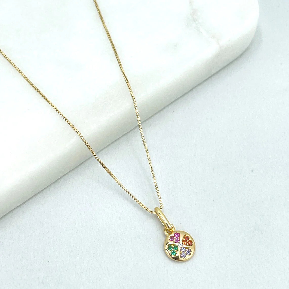 Chain and Pendant Set. Box Chain with Clover Shape Charm Colorful Cubic Zirconia 18k Gold Filled. Bundle and Save. FREE SHIPPING on orders of $100 and over.  Sam's Jewelry World USA.