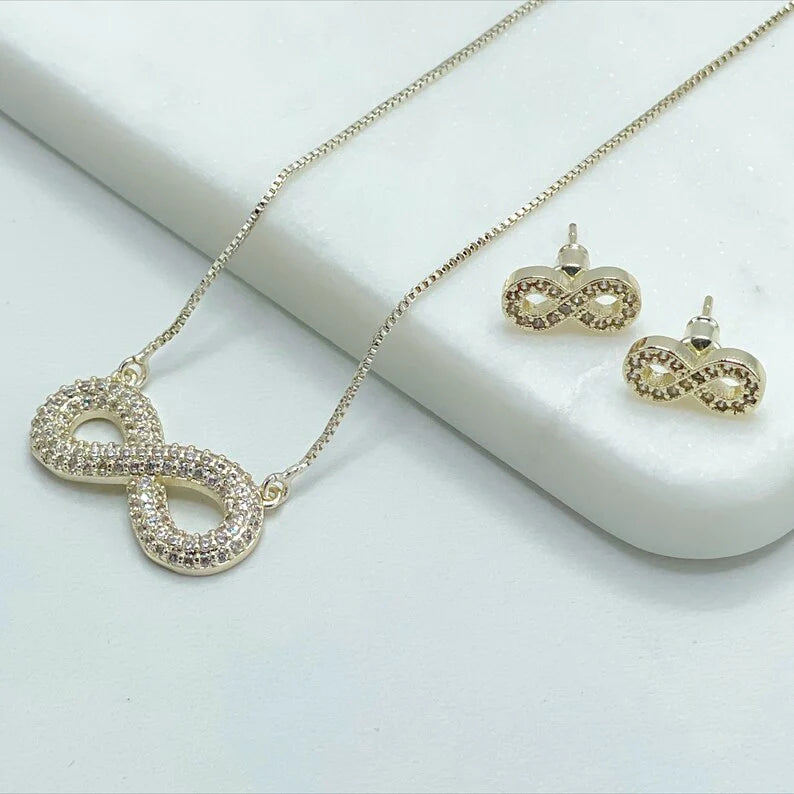 Set Box Link Chain 1mm with 25mm Infinity Sign Necklace or Earrings 18k Gold Filled. Bundle and Save. FREE SHIPPING on orders of $100 and over.  Sam's Jewelry World USA.