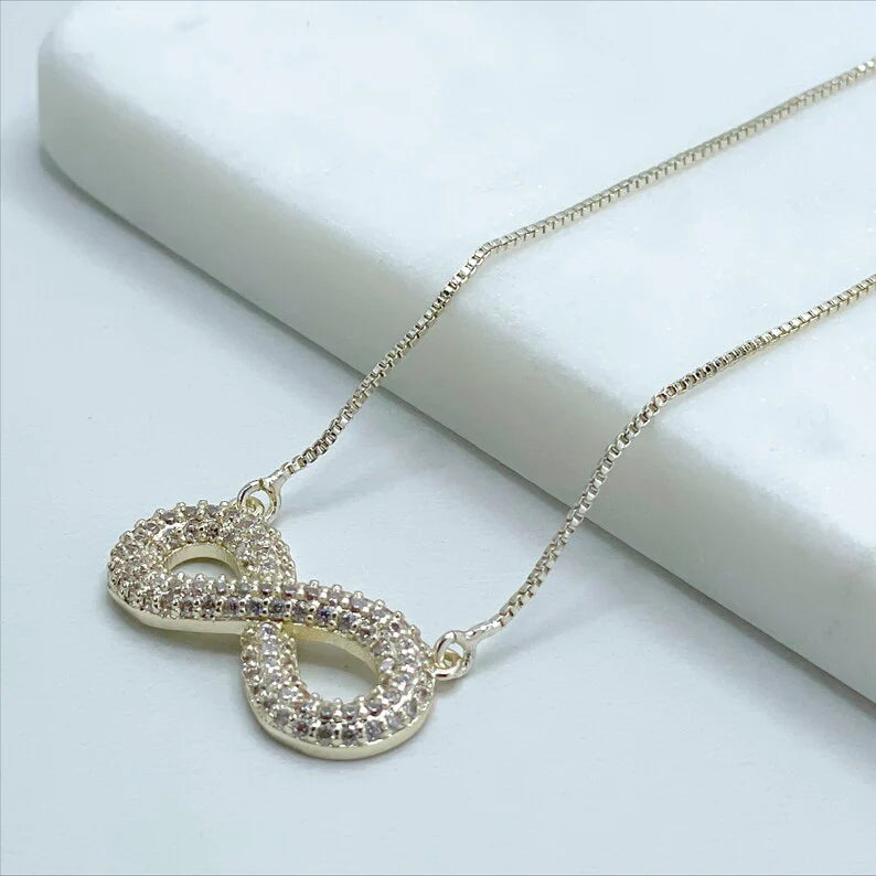 Set Box Link Chain 1mm with 25mm Infinity Sign Necklace or Earrings 18k Gold Filled. Bundle and Save. FREE SHIPPING on orders of $100 and over.  Sam's Jewelry World USA.