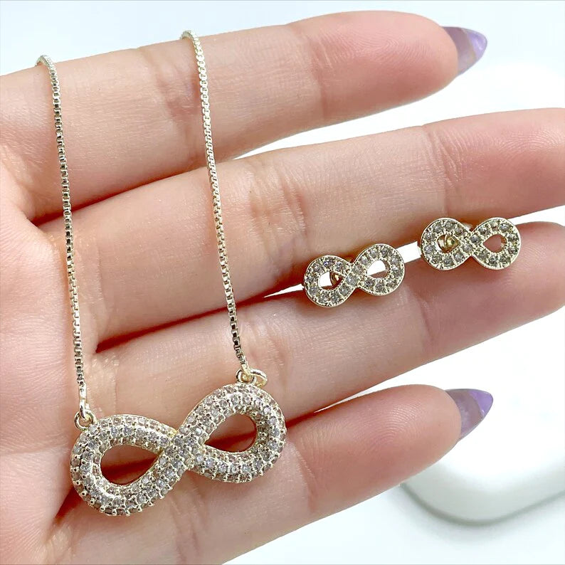 Set Box Link Chain 1mm with 25mm Infinity Sign Necklace or Earrings 18k Gold Filled. Bundle and Save. FREE SHIPPING on orders of $100 and over.  Sam's Jewelry World USA.