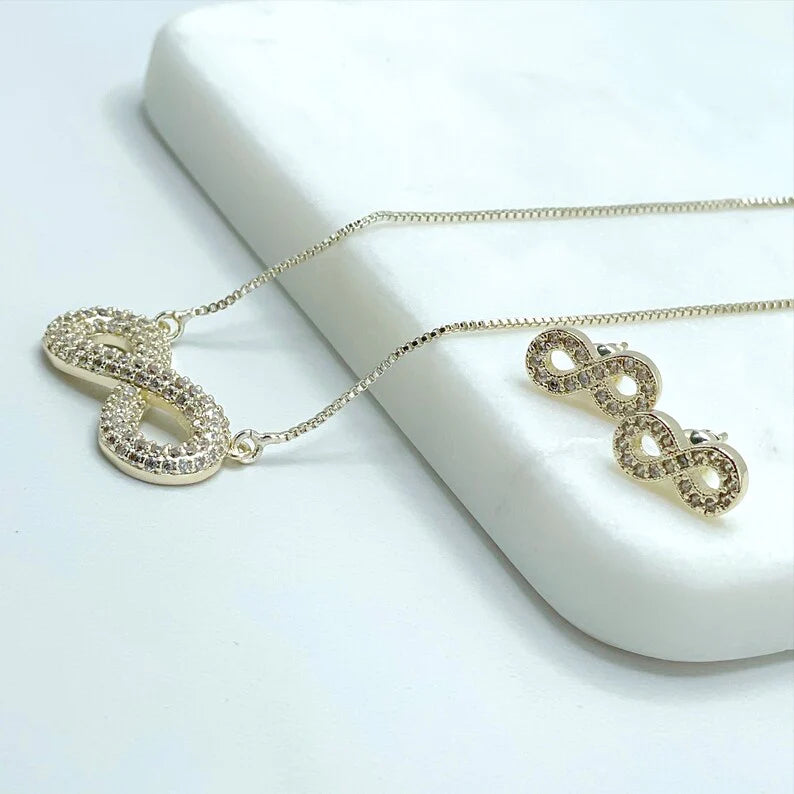 Set Box Link Chain 1mm with 25mm Infinity Sign Necklace or Earrings 18k Gold Filled. Bundle and Save. FREE SHIPPING on orders of $100 and over.  Sam's Jewelry World USA.